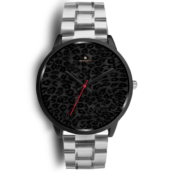 Black Leopard Print Unisex Watch, Animal Print Stainless Steel/ Genuine Leather Watch-Black Watch-Mens 40mm-Silver Metal Link-Heidi Kimura Art LLC