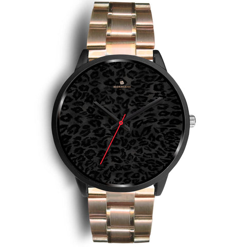Black Leopard Print Unisex Watch, Animal Print Stainless Steel/ Genuine Leather Watch-Black Watch-Mens 40mm-Rose Gold Metal Link-Heidi Kimura Art LLC