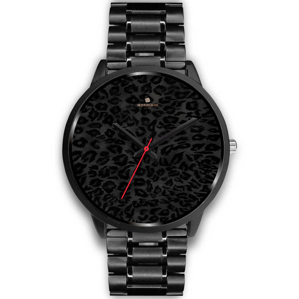 Black Leopard Print Unisex Watch, Animal Print Stainless Steel/ Genuine Leather Watch-Black Watch-Mens 40mm-Black Metal Link-Heidi Kimura Art LLC