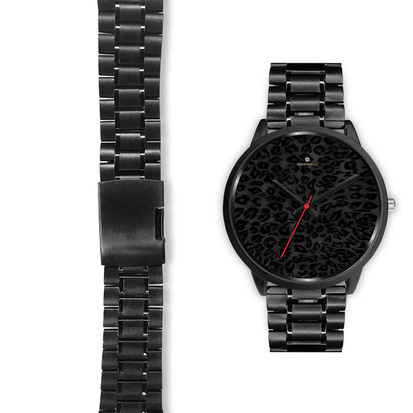 Black Leopard Print Unisex Watch, Animal Print Stainless Steel/ Genuine Leather Watch-Black Watch-Heidi Kimura Art LLC