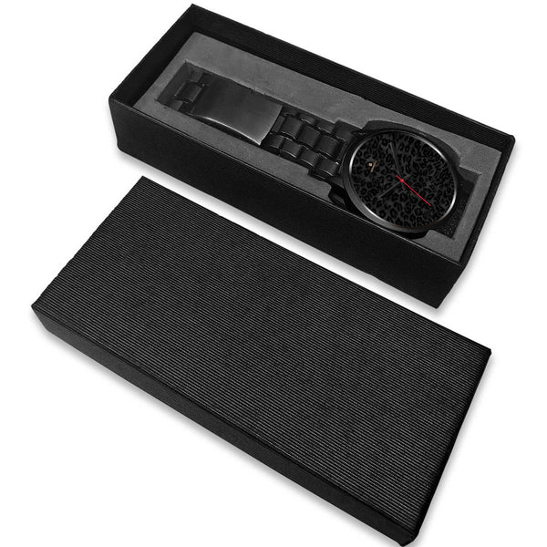Black Leopard Print Unisex Watch, Animal Print Stainless Steel/ Genuine Leather Watch-Black Watch-Heidi Kimura Art LLC