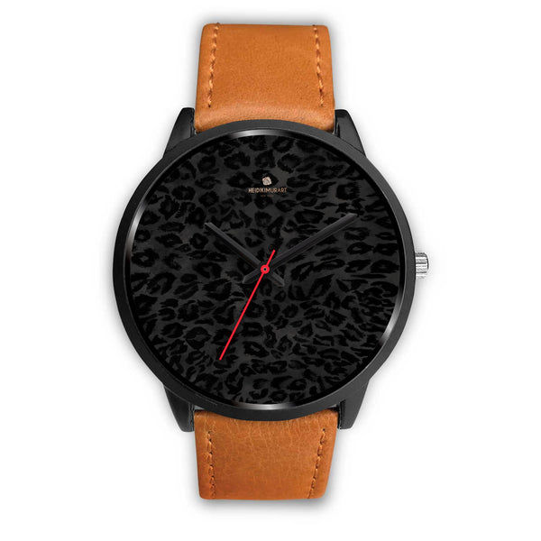 Black Leopard Print Unisex Watch, Animal Print Stainless Steel/ Genuine Leather Watch-Black Watch-Mens 40mm-Brown Leather-Heidi Kimura Art LLC