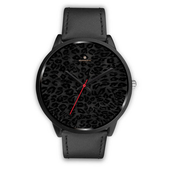 Black Leopard Print Unisex Watch, Animal Print Stainless Steel/ Genuine Leather Watch-Black Watch-Mens 40mm-Black Leather-Heidi Kimura Art LLC