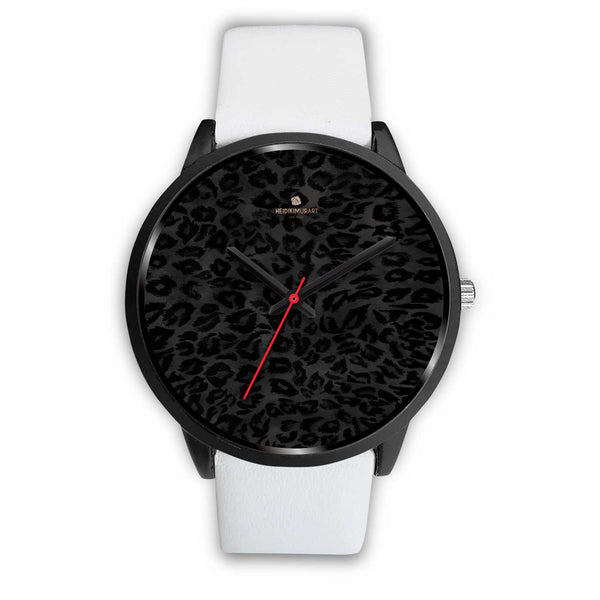 Black Leopard Print Unisex Watch, Animal Print Stainless Steel/ Genuine Leather Watch-Black Watch-Mens 40mm-White Leather-Heidi Kimura Art LLC