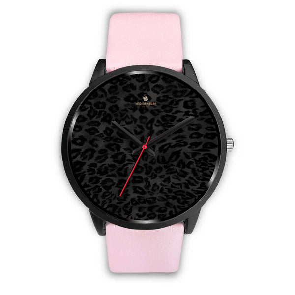 Black Leopard Print Unisex Watch, Animal Print Stainless Steel/ Genuine Leather Watch-Black Watch-Mens 40mm-Pink Leather-Heidi Kimura Art LLC
