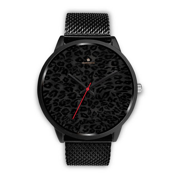Black Leopard Print Unisex Watch, Animal Print Stainless Steel/ Genuine Leather Watch-Black Watch-Mens 40mm-Black Metal Mesh-Heidi Kimura Art LLC