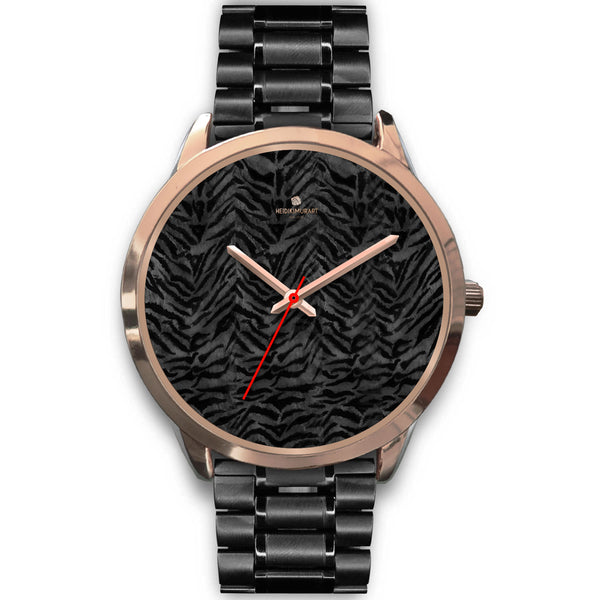 Cool Black Tiger Striped Animal Print Unisex Rose Gold Accent Designer Watch-Rose Gold Watch-Mens 40mm-Black Metal Link-Heidi Kimura Art LLC