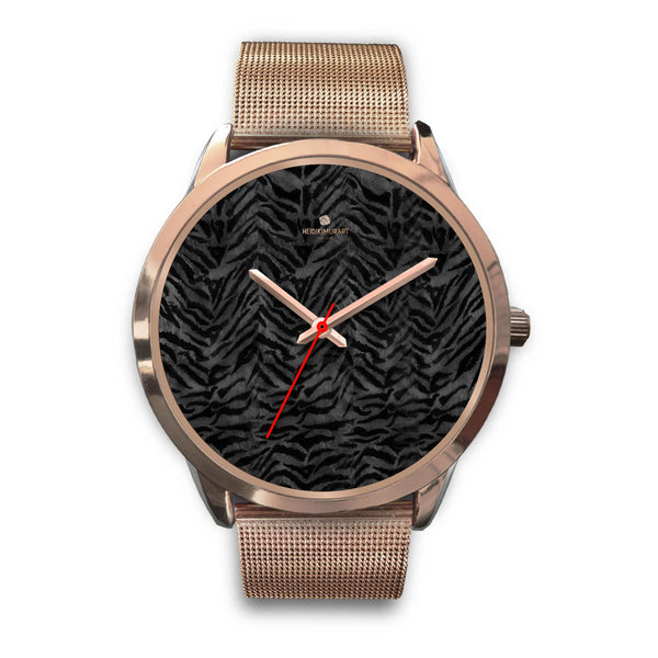 Cool Black Tiger Striped Animal Print Unisex Rose Gold Accent Designer Watch-Rose Gold Watch-Mens 40mm-Rose Gold Metal Mesh-Heidi Kimura Art LLC