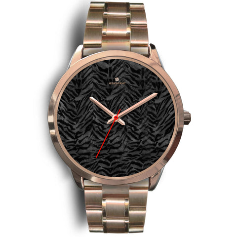 Cool Black Tiger Striped Animal Print Unisex Rose Gold Accent Designer Watch-Rose Gold Watch-Mens 40mm-Rose Gold Metal Link-Heidi Kimura Art LLC