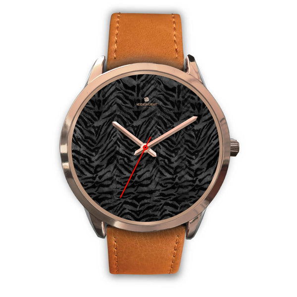 Cool Black Tiger Striped Animal Print Unisex Rose Gold Accent Designer Watch-Rose Gold Watch-Mens 40mm-Brown Leather-Heidi Kimura Art LLC