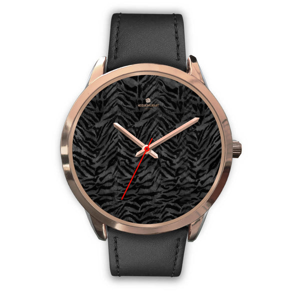 Cool Black Tiger Striped Animal Print Unisex Rose Gold Accent Designer Watch-Rose Gold Watch-Mens 40mm-Black Leather-Heidi Kimura Art LLC
