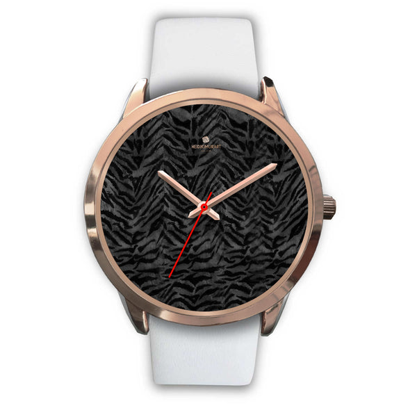 Cool Black Tiger Striped Animal Print Unisex Rose Gold Accent Designer Watch-Rose Gold Watch-Mens 40mm-White Leather-Heidi Kimura Art LLC