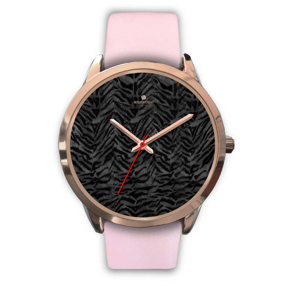 Cool Black Tiger Striped Animal Print Unisex Rose Gold Accent Designer Watch-Rose Gold Watch-Mens 40mm-Pink Leather-Heidi Kimura Art LLC