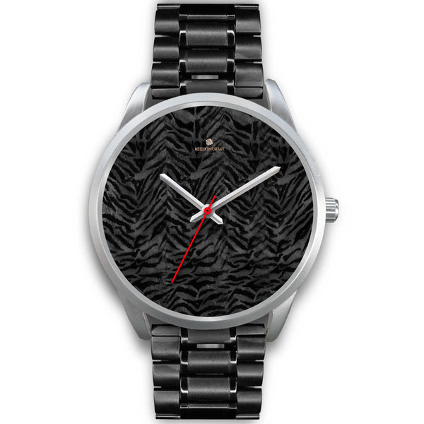 Black Tiger Striped Faur Fur Animal Print Personalized Custom Silver Watch-Silver Watch-Mens 40mm-Black Metal Link-Heidi Kimura Art LLC