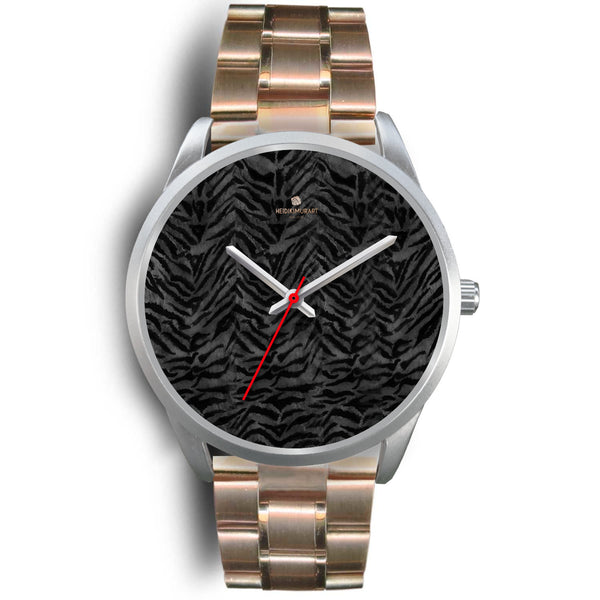 Black Tiger Striped Faur Fur Animal Print Personalized Custom Silver Watch-Silver Watch-Mens 40mm-Rose Gold Metal Link-Heidi Kimura Art LLC