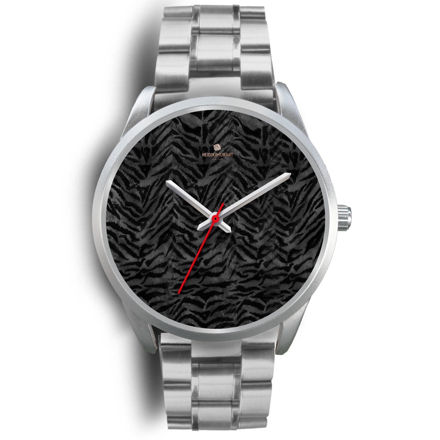 Black Tiger Striped Faur Fur Animal Print Personalized Custom Silver Watch-Silver Watch-Mens 40mm-Silver Metal Link-Heidi Kimura Art LLC