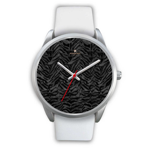 Black Tiger Striped Faur Fur Animal Print Personalized Custom Silver Watch-Silver Watch-Mens 40mm-White Leather-Heidi Kimura Art LLC