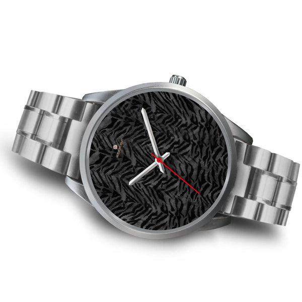 Gray Tiger Striped Animal Print Unisex Custom Silver Accent Designer Watch-Silver Watch-Heidi Kimura Art LLC