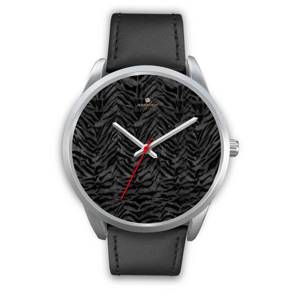 Gray Tiger Striped Animal Print Unisex Custom Silver Accent Designer Watch-Silver Watch-Mens 40mm-Black Leather-Heidi Kimura Art LLC