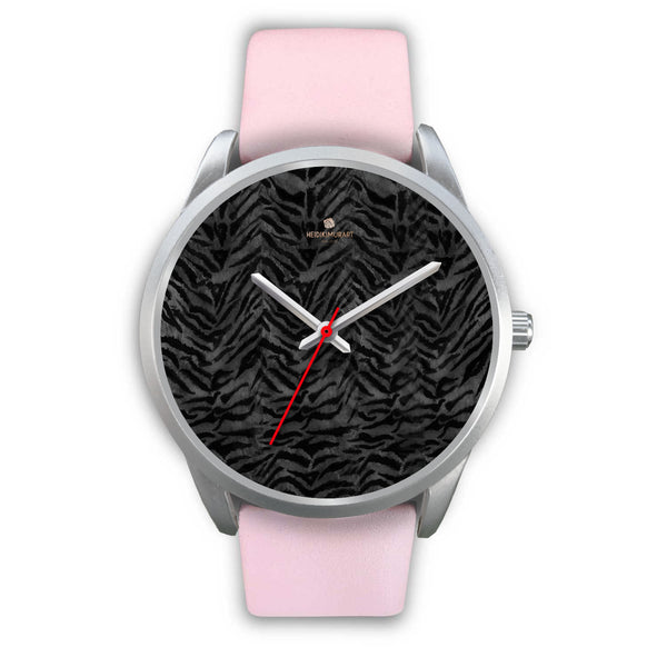 Gray Tiger Striped Animal Print Unisex Custom Silver Accent Designer Watch-Silver Watch-Mens 40mm-Pink Leather-Heidi Kimura Art LLC