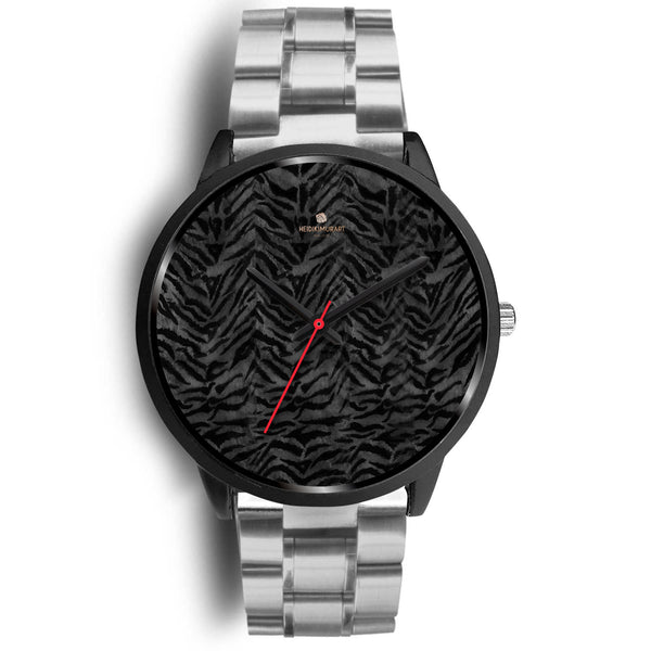 Tiger Striped Animal Print Designer Faux Fur Black Stainless Steel/ Genuine Leather Watch-Black Watch-Mens 40mm-Silver Metal Link-Heidi Kimura Art LLC
