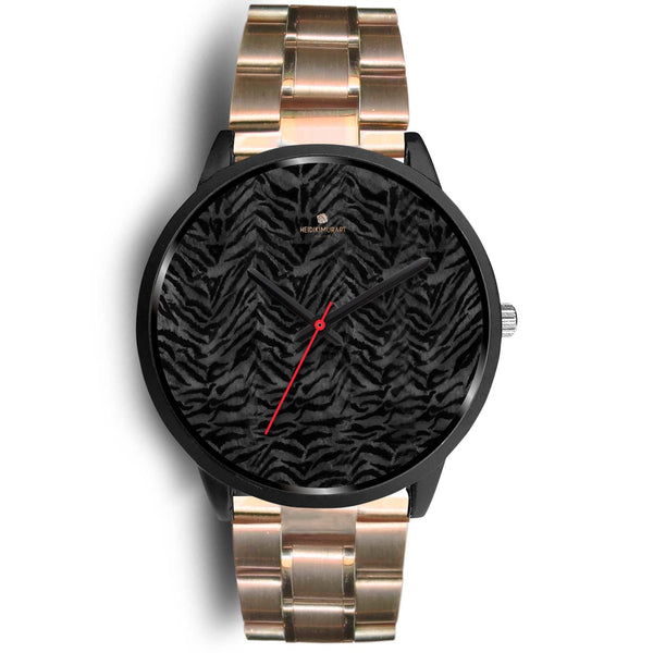 Tiger Striped Animal Print Designer Faux Fur Black Stainless Steel/ Genuine Leather Watch-Black Watch-Mens 40mm-Rose Gold Metal Link-Heidi Kimura Art LLC