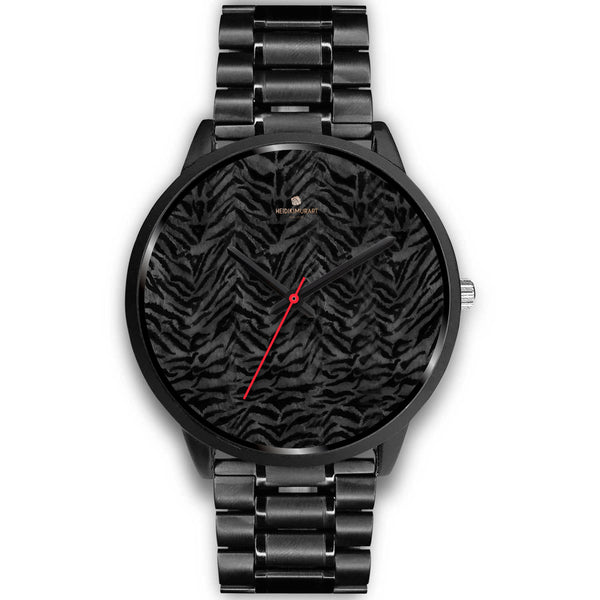 Tiger Striped Animal Print Designer Faux Fur Black Stainless Steel/ Genuine Leather Watch-Black Watch-Mens 40mm-Black Metal Link-Heidi Kimura Art LLC