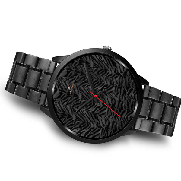 Tiger Striped Animal Print Designer Faux Fur Black Stainless Steel/ Genuine Leather Watch-Black Watch-Heidi Kimura Art LLC