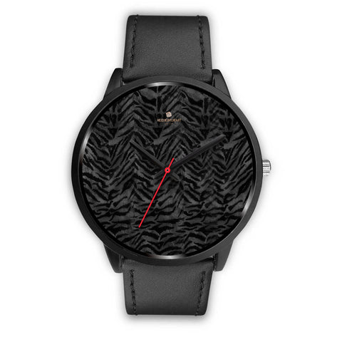 Tiger Striped Animal Print Designer Faux Fur Black Stainless Steel/ Genuine Leather Watch-Black Watch-Mens 40mm-Black Leather-Heidi Kimura Art LLC