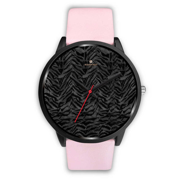 Tiger Striped Animal Print Designer Faux Fur Black Stainless Steel/ Genuine Leather Watch-Black Watch-Mens 40mm-Pink Leather-Heidi Kimura Art LLC