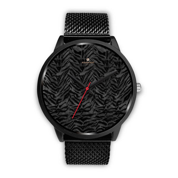 Tiger Striped Animal Print Designer Faux Fur Black Stainless Steel/ Genuine Leather Watch-Black Watch-Mens 40mm-Black Metal Mesh-Heidi Kimura Art LLC