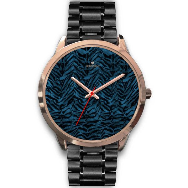 Blue Tiger Striped Animal Fur Print Custom Rose Gold Accent Unisex Watch-Rose Gold Watch-Mens 40mm-Black Metal Link-Heidi Kimura Art LLC