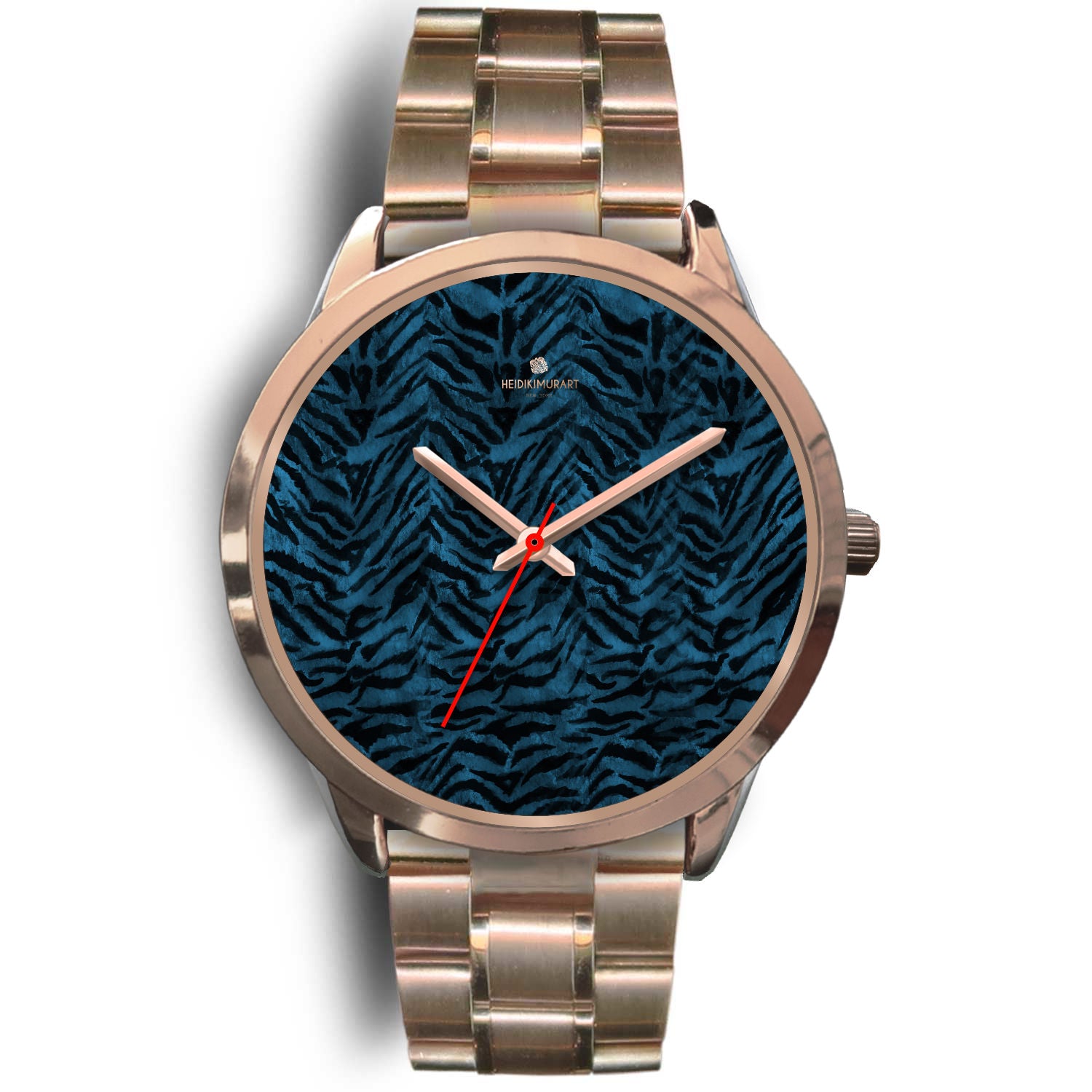 Blue Tiger Striped Animal Fur Print Custom Rose Gold Accent Unisex Watch-Rose Gold Watch-Mens 40mm-Rose Gold Metal Link-Heidi Kimura Art LLC