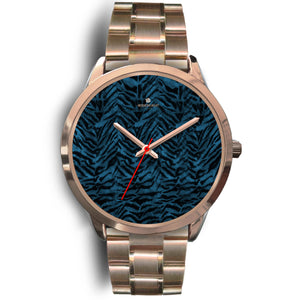 Blue Tiger Striped Animal Fur Print Custom Rose Gold Accent Unisex Watch-Rose Gold Watch-Mens 40mm-Rose Gold Metal Link-Heidi Kimura Art LLC