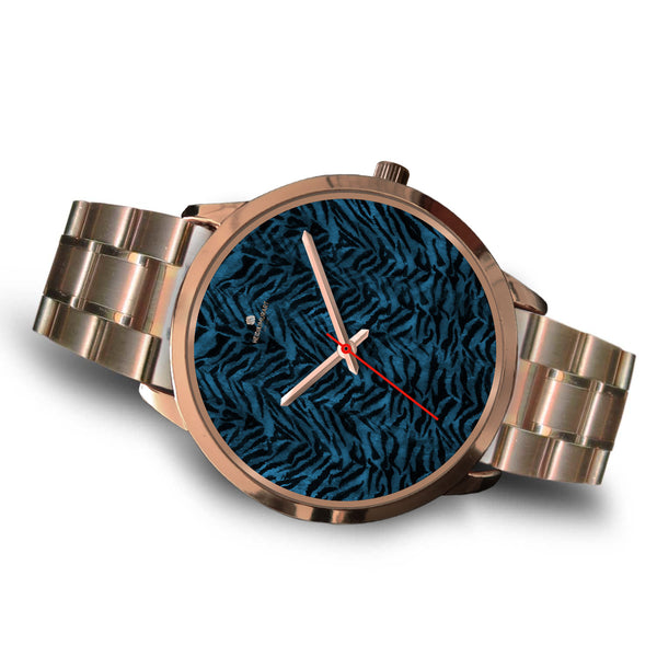 Blue Tiger Striped Animal Fur Print Custom Rose Gold Accent Unisex Watch-Rose Gold Watch-Heidi Kimura Art LLC