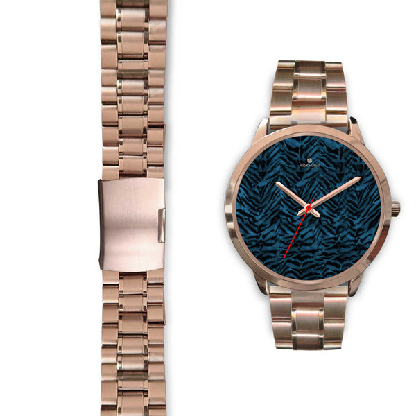 Blue Tiger Striped Animal Fur Print Custom Rose Gold Accent Unisex Watch-Rose Gold Watch-Heidi Kimura Art LLC