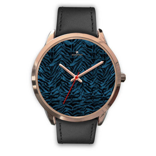 Blue Tiger Striped Animal Fur Print Custom Rose Gold Accent Unisex Watch-Rose Gold Watch-Mens 40mm-Black Leather-Heidi Kimura Art LLC