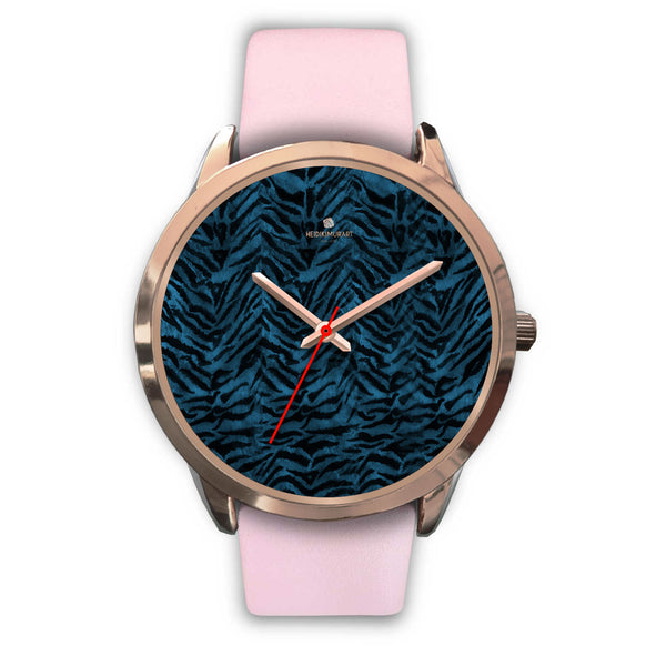 Blue Tiger Striped Animal Fur Print Custom Rose Gold Accent Unisex Watch-Rose Gold Watch-Mens 40mm-Pink Leather-Heidi Kimura Art LLC