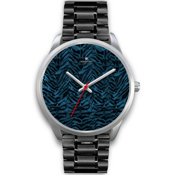 Blue Tiger Striped Animal Print Designer Premium Quality Silver Accent Watch-Silver Watch-Mens 40mm-Black Metal Link-Heidi Kimura Art LLC