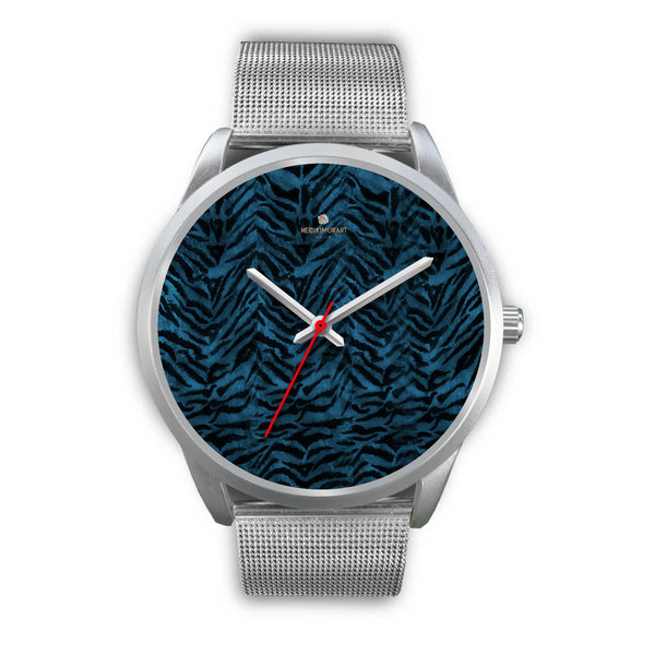 Blue Tiger Striped Animal Print Designer Premium Quality Silver Accent Watch-Silver Watch-Mens 40mm-Silver Metal Mesh-Heidi Kimura Art LLC