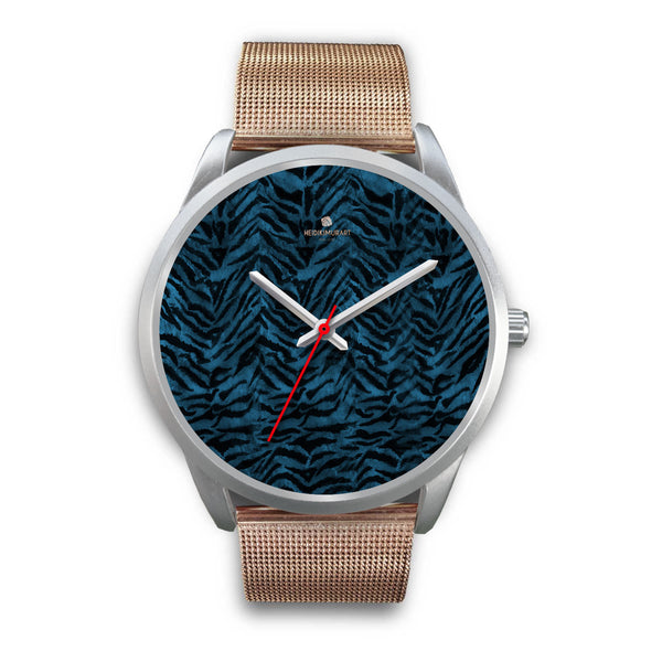 Blue Tiger Striped Animal Print Designer Premium Quality Silver Accent Watch-Silver Watch-Mens 40mm-Rose Gold Metal Mesh-Heidi Kimura Art LLC