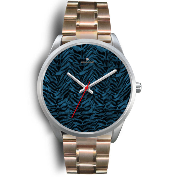 Blue Tiger Striped Animal Print Designer Premium Quality Silver Accent Watch-Silver Watch-Mens 40mm-Rose Gold Metal Link-Heidi Kimura Art LLC