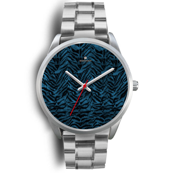 Blue Tiger Striped Animal Print Designer Premium Quality Silver Accent Watch-Silver Watch-Mens 40mm-Silver Metal Link-Heidi Kimura Art LLC