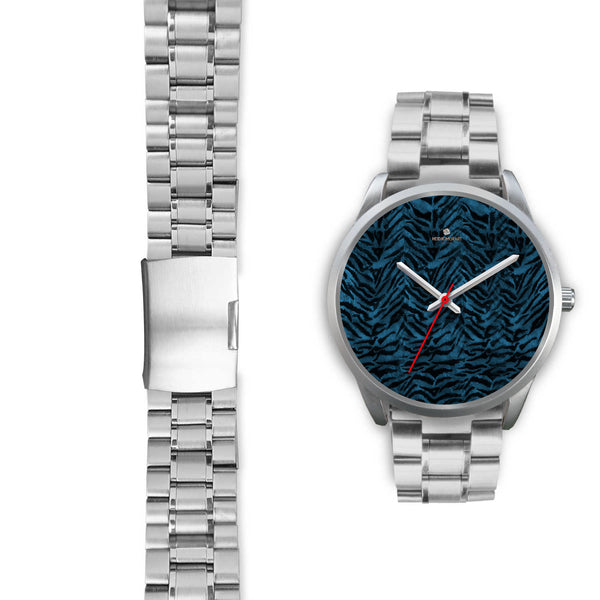 Blue Tiger Striped Animal Print Designer Premium Quality Silver Accent Watch-Silver Watch-Heidi Kimura Art LLC