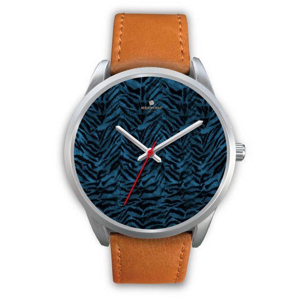 Blue Tiger Striped Animal Print Designer Premium Quality Silver Accent Watch-Silver Watch-Mens 40mm-Brown Leather-Heidi Kimura Art LLC