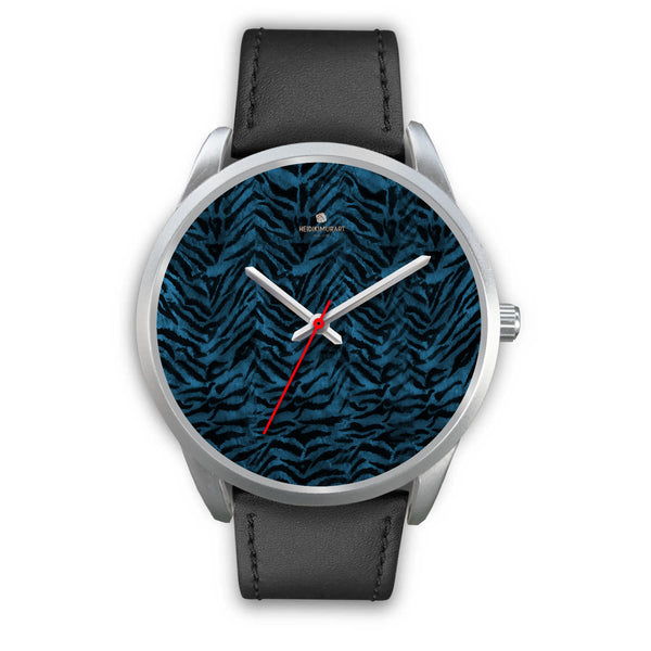 Blue Tiger Striped Animal Print Designer Premium Quality Silver Accent Watch-Silver Watch-Mens 40mm-Black Leather-Heidi Kimura Art LLC