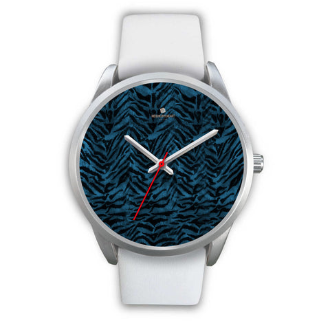 Blue Tiger Striped Animal Print Designer Premium Quality Silver Accent Watch-Silver Watch-Mens 40mm-White Leather-Heidi Kimura Art LLC