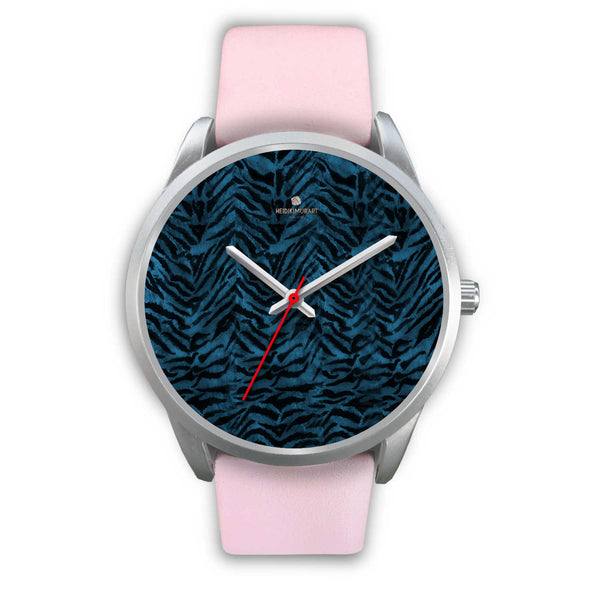 Blue Tiger Striped Animal Print Designer Premium Quality Silver Accent Watch-Silver Watch-Mens 40mm-Pink Leather-Heidi Kimura Art LLC