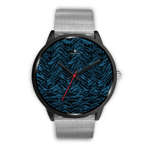 Blue Custom Tiger Stripe Faur Fur Animal Print Stainless Steel Black Leather Wrist Watch-Black Watch-Mens 40mm-Silver Metal Mesh-Heidi Kimura Art LLC