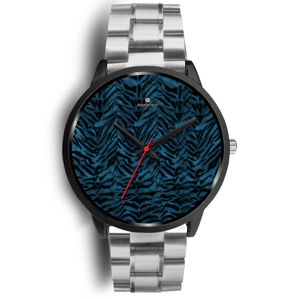 Blue Custom Tiger Stripe Faur Fur Animal Print Stainless Steel Black Leather Wrist Watch-Black Watch-Mens 40mm-Silver Metal Link-Heidi Kimura Art LLC